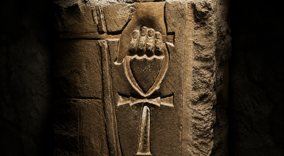 Ancient Egyptian relief of a hand grasping an ankh by its loop, the carved symbol of eternal life