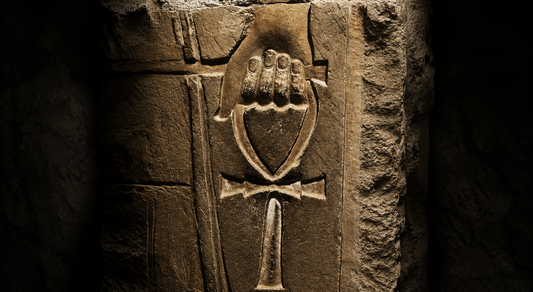 Ancient Egyptian relief of a hand grasping an ankh by its loop, the carved symbol of eternal life