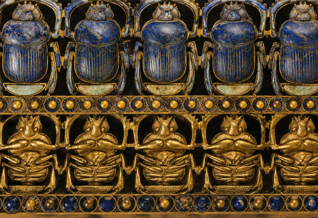 Egyptian scarab amulet row — ancient Egyptian jewelry scarab beetle in lapis and gold, scarab jewelry detail