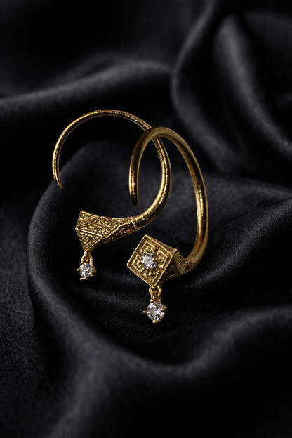 Gold Tuareg hoops with diamond drops, Tuareg jewelry of the hereditary smiths in 18k