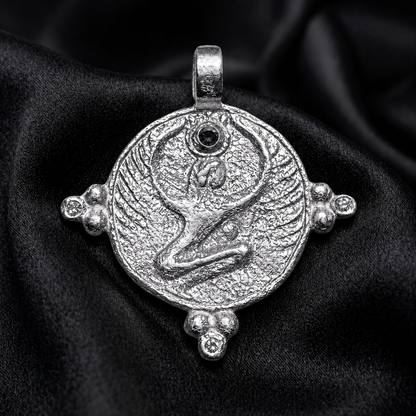 White gold goddess disc with black diamond crown, the ancient Egyptian amulets tradition