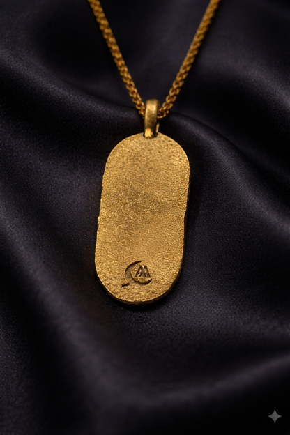 Back of the gold Bereka tablet with maker's mark and engraving space, Black owned jewelry brand