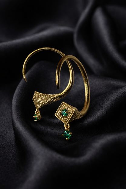 Tuareg Guardian Hoops in solid 18k gold with emerald drops, evil eye jewelry of the Sahara