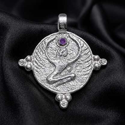 White gold goddess pendant, amethyst crown above sculpted wings, protection jewelry on silk