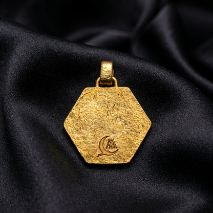 Back of the solid 18k gold hexagon with maker's mark and space for custom engraving