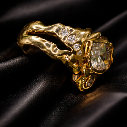 Side profile in textured gold with scattered diamonds, a vintage inspired engagement ring