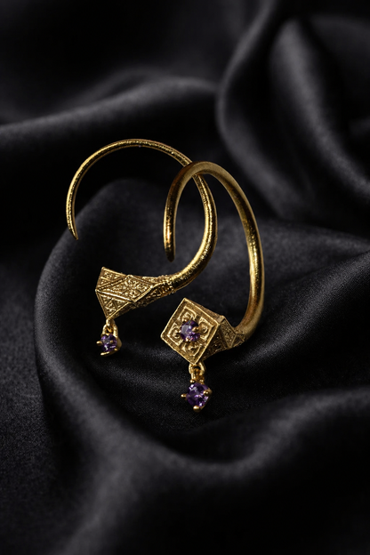 Gold Tuareg hoops with amethyst drops, African jewelry for women in the Amazigh line