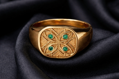 Yellow gold signet with emerald watchers on silk, signet pinky ring face detail