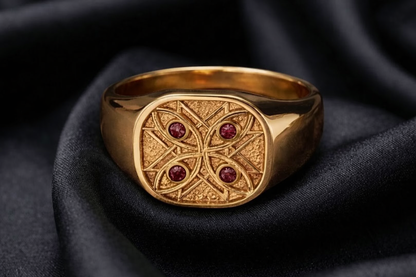 Yellow gold signet with four ruby watchers on satin, signet ring men classic weight