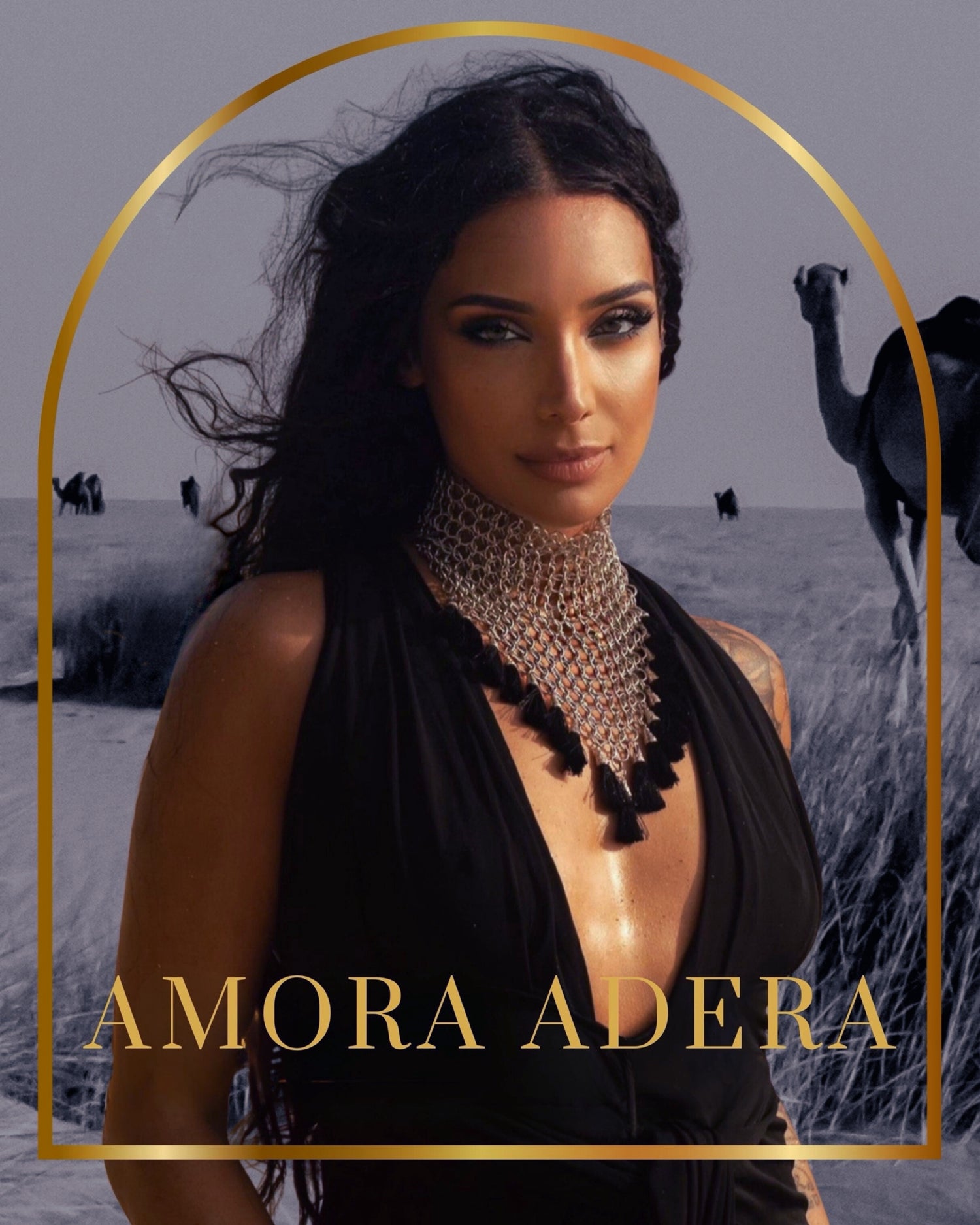 Sophia Lovella, founder and lead designer of Amora Adera, wearing a chainmail collar in the desert