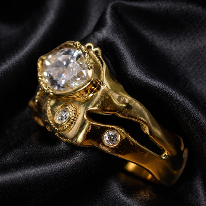 Gold engagement rings angle: marquise lab diamond above a round bezel on hand finished 18k