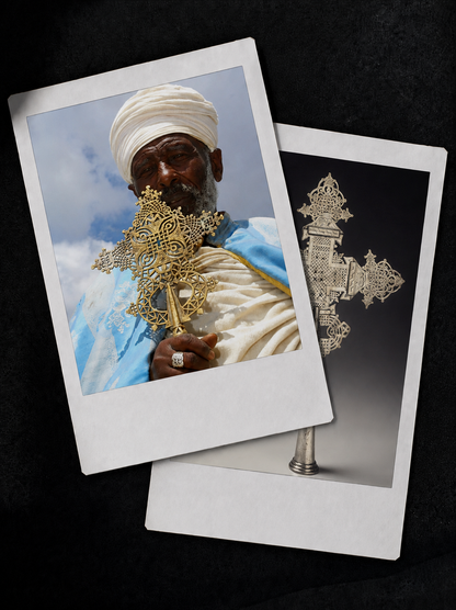 Polaroids of Ethiopian priests holding processional crosses, kin to the coptic crosses tradition