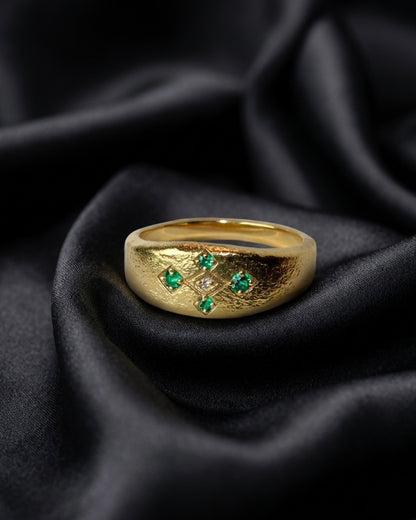 Meskel Ring in solid 18k gold, emeralds around a lab diamond, Ethiopian cross latticework face