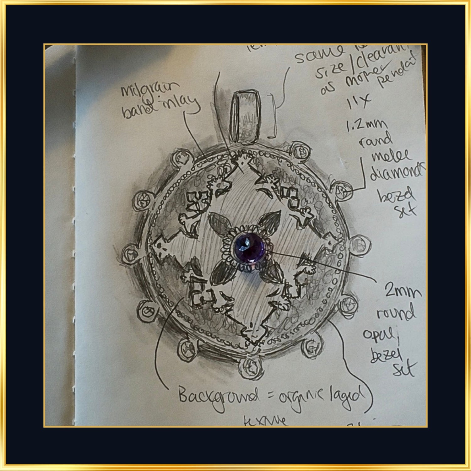 Gondar Cross sketch with bezel set opal notes, an Ethiopian cross drawn for the silver line