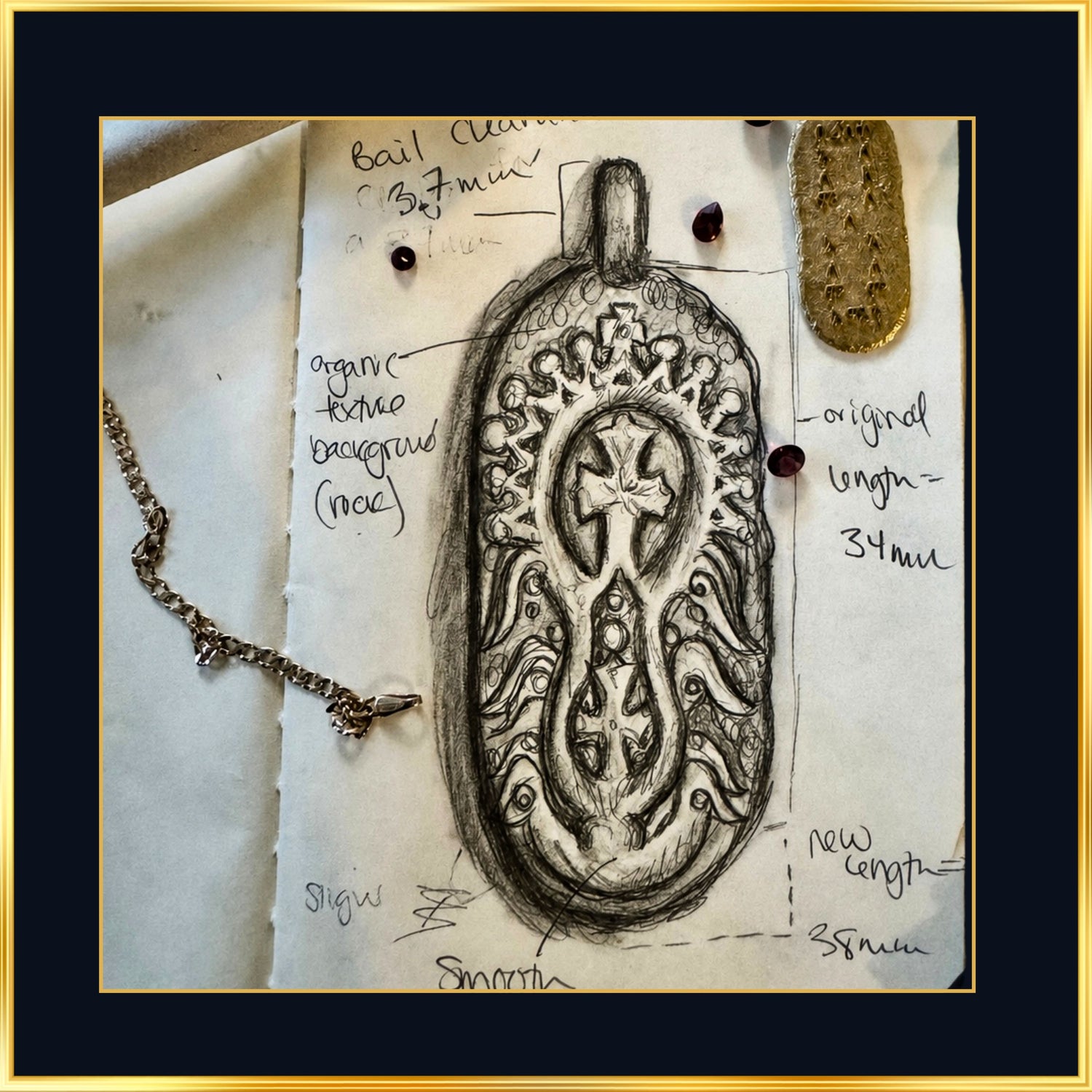 Lalibela Cross pendant sketch with chain and casts, the Lalibela Ethiopian cross in pencil