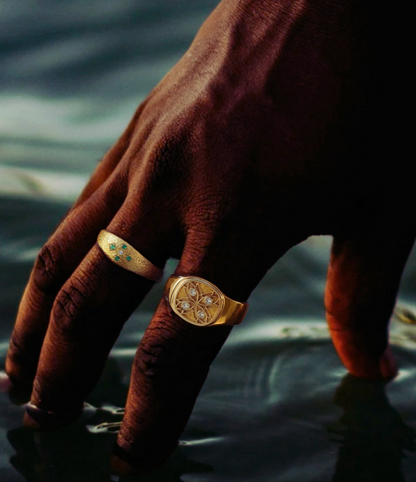 Man's hand in water wearing the gold signet, men with signet rings styled modern
