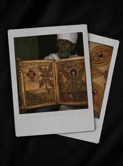 Polaroids of an Ethiopian priest's illustrated healing scroll, the habesha jewelry source
