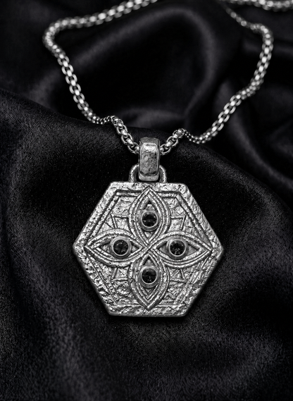 White gold Tibeb shield with black diamond watchers on box chain, hand cast in 18k