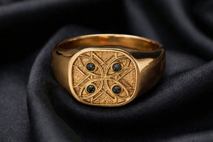 Yellow gold signet with black diamond watchers, men's signet ring on dark silk