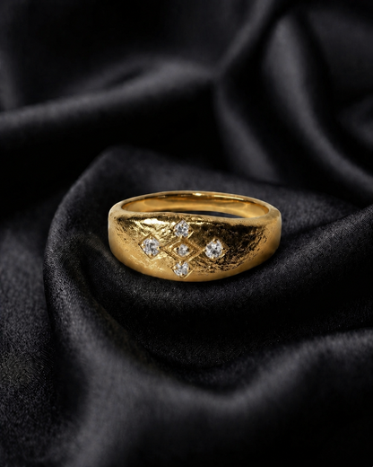 Gold Meskel ring with diamond prongs, modern heirloom jewelry in a unisex dome form