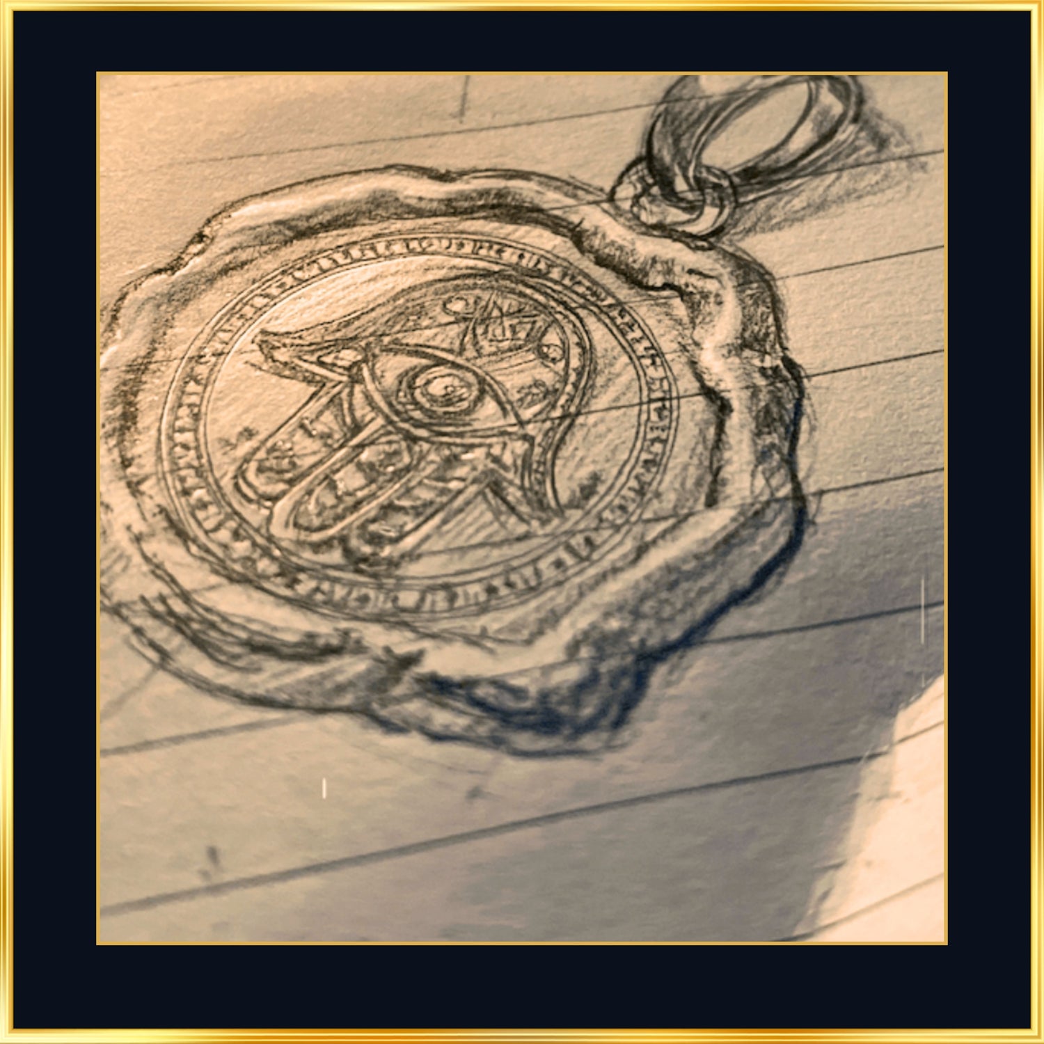 Hamsa pendant sketch in a wax seal form, the hamsa drawn from North African tradition