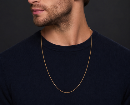 Mens solid 14k gold box chain necklace, 1.82mm at 24 inches, laid flat on male model