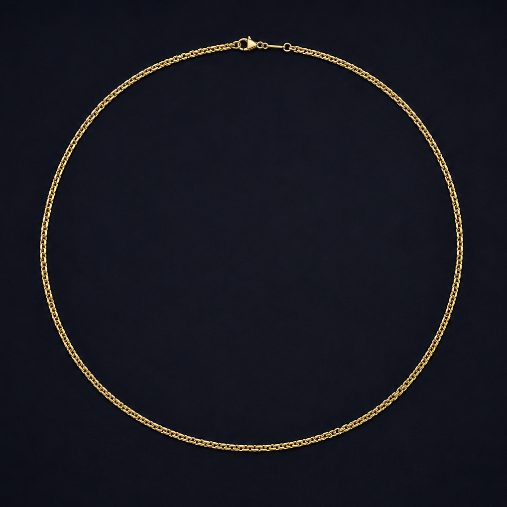 Solid gold chain for men, clasp and link detail on a 24 inch box chain by Amora Adera