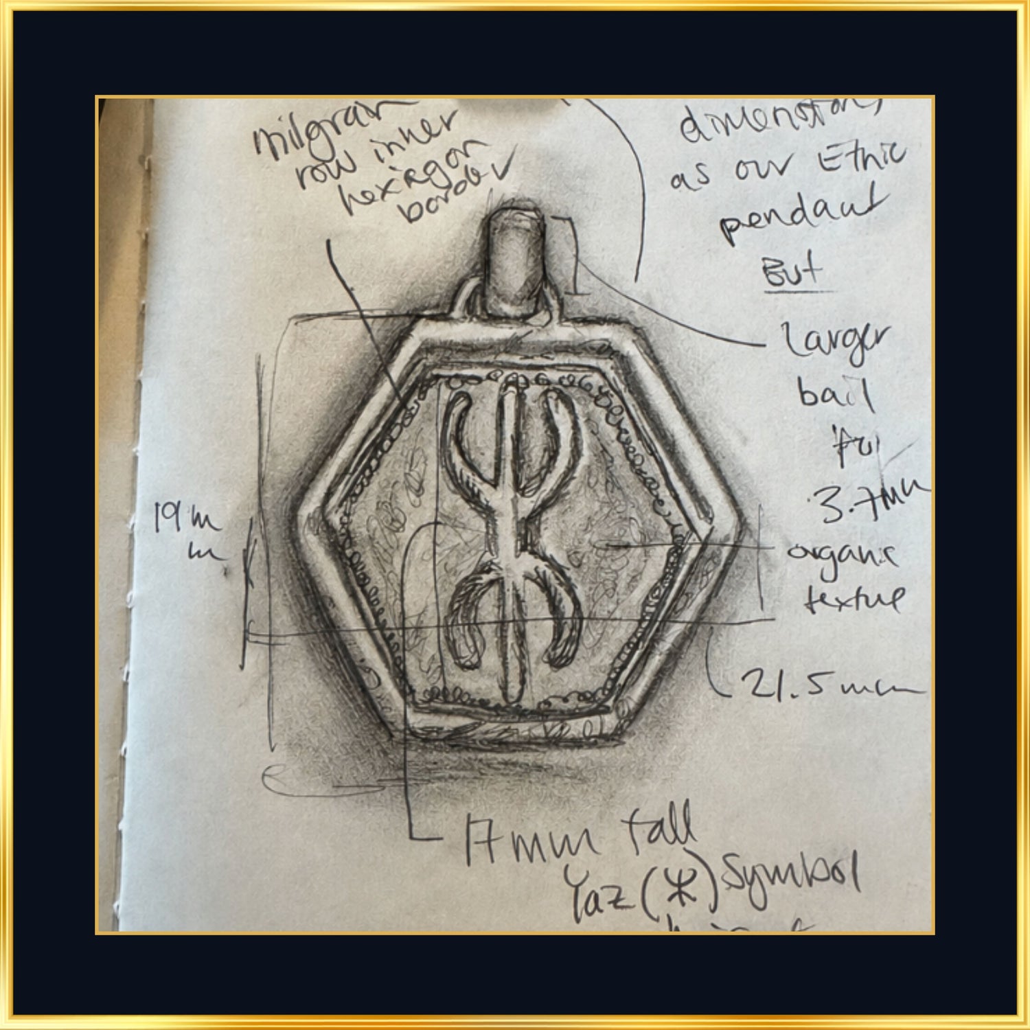 Yaz pendant sketch in a hexagon frame, the Amazigh yaz symbol drawn for silver
